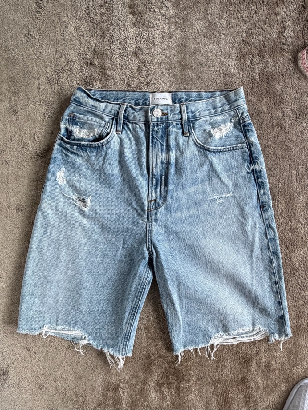 Frame Denim Vintage Wash Light Blue Distressed Shorts